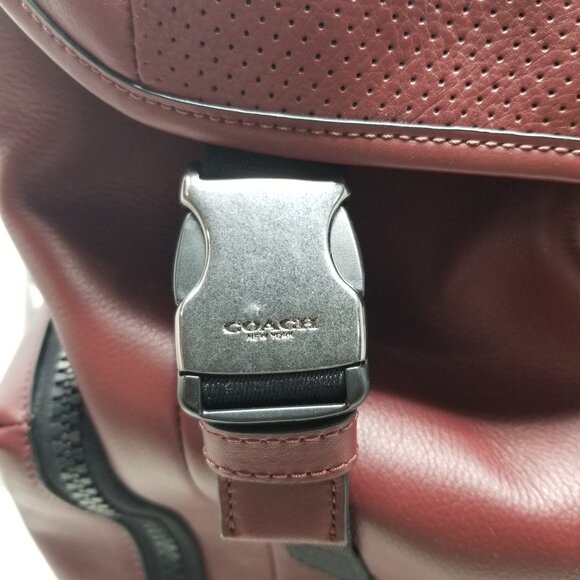 COACH Men's Burgundy Red & Black Leather Metal Buckle Drawstring Laptop Backpack - Picture 11 of 16